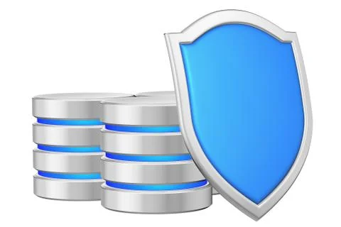 Data bases group behind blue metal shield on right data protecti Stock Illustration