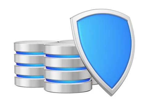 Data bases group behind blue metal shield on right data privacy Illustrazione stock