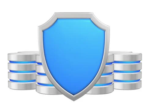 Data bases group behind metal blue shield data protection concep Stock Illustration