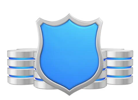 Data bases group behind metal blue shield data privacy concept Stock Illustration