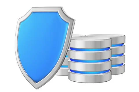 Data bases group behind metal blue shield on left data protectio Stock Illustration