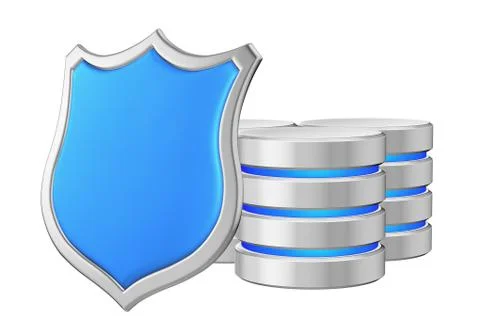 Data bases group behind metal blue shield on left data privacy c Stock Illustration