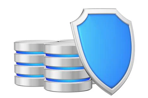 Data bases group behind metal blue shield on right data protecti Illustrazione stock