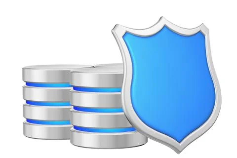 Data bases group behind metal blue shield on right data privacy Stock Illustration
