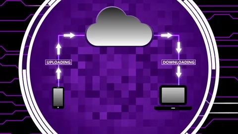 Data Being Uploaded and Downloaded Through Cloud Computing Seamless Loop Purple Video stock 73604478
