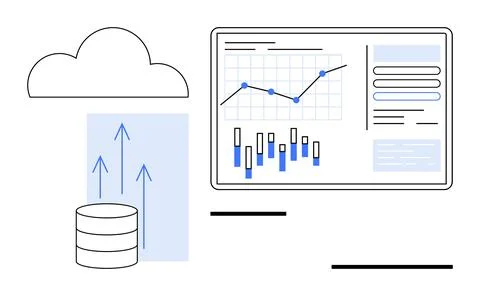 Data being uploaded from database to cloud storage, with analytics including  イラスト素材