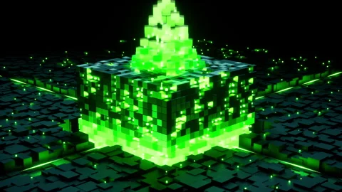Data block core forming green energy particles high power 3D render Stock Footage 319827988