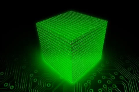 Data Block Cube of Binary digit (Bit) code, Digital computer data storage 3D  写真素材
