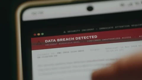 Data Breach Detected alert message, confirmed unauthorized access Stock Footage 333822242