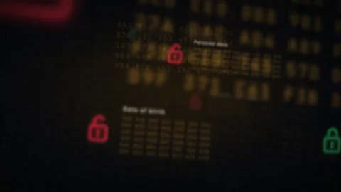 Data breach fly through with unlocked padlocks over personal data Vídeo Stock 347359311