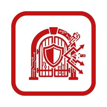 Data breach security alarm gate icon with red circuit board patterns and sh.. Stock Illustration