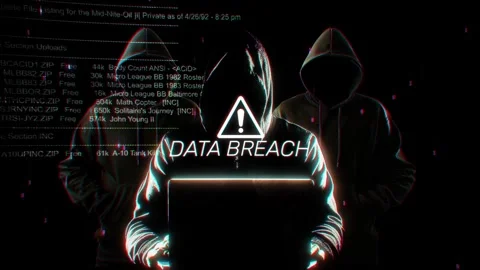 Data Breach words of hacking screen in technology 1 Stock Footage 343460280
