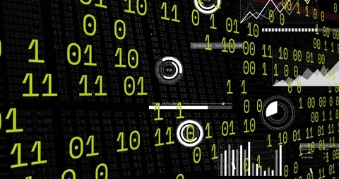 On data burst binary glyphs floating and rotating, HUD dials filling, 動画素材 330188461