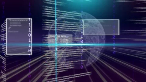 Data burst starting holo globe code column scrolling UI panels moving collecting Stock Footage 334337805
