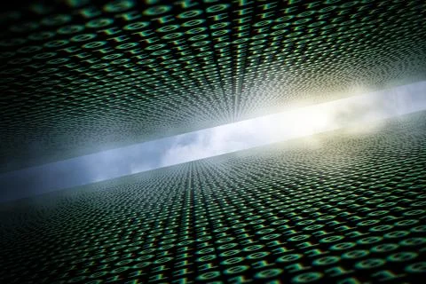 Data canyon with digital numbers on the wall and cloudy sky Stock Photos