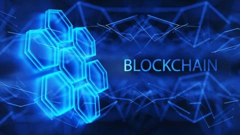 Data cells on a blue background. Distributed blockchain technology concept. D Stock Illustration