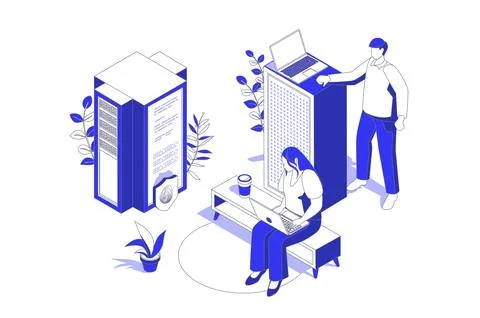Data center 3d isometric concept in isometry graphic design for web. People.. Illustrazione stock