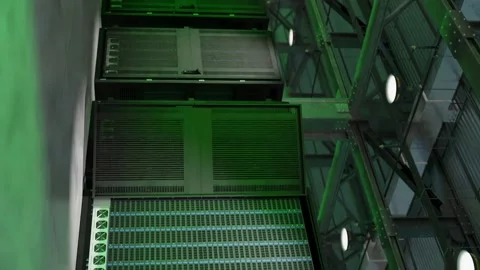 Data Center access granted, green flashing light in server room with racks Video stock 232760098
