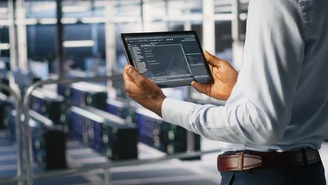 Data center admin checking code on tablet next to colleague 스톡 사진