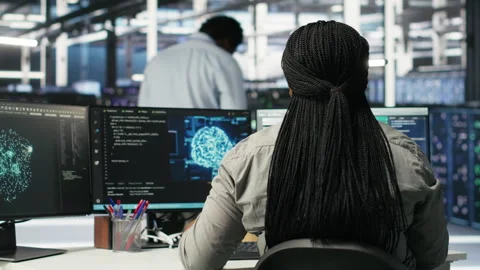 Data center admin does neural networks node tree programming Stock Footage 308043173