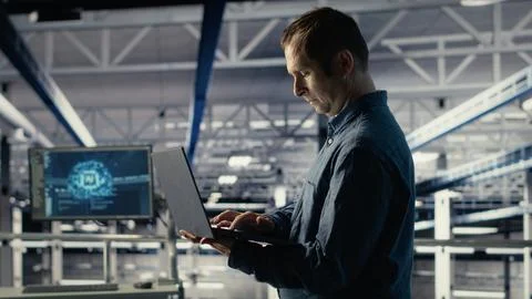 Data center admin on industrial platform checks AI dashboard using laptop Stock Photos