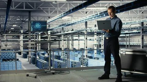 Data center admin on industrial platform checks AI dashboard using laptop Stock Photos