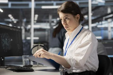 Data center admin looking over maintenance files, monitoring system performance Stock Photos