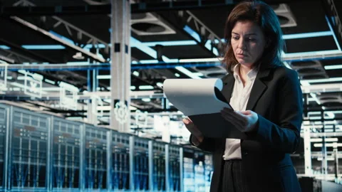 Data center admin reading paperwork, inspecting blue wireframe mesh hardware Stock Footage 329329008