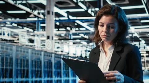 Data center admin reading paperwork, inspecting blue wireframe mesh hardware 写真素材