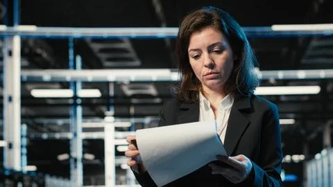 Data center admin reading paperwork, inspecting blue wireframe mesh hardware Foto stock