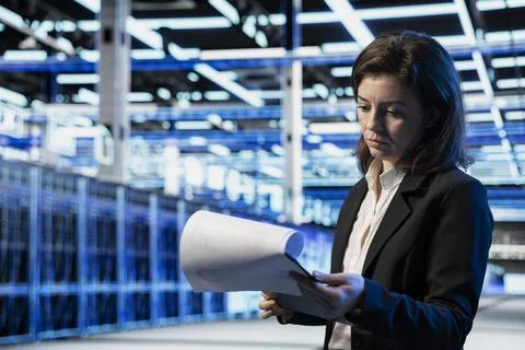 Data center admin reviews infrastructure checkup technical paperwork, AR overlay Stock Photos