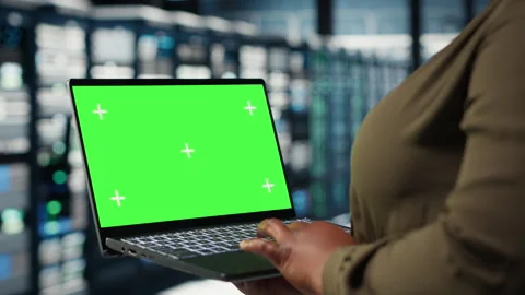 Data center admin uses isolated screen laptop to develop disaster recovery plans Stock Footage 317124245