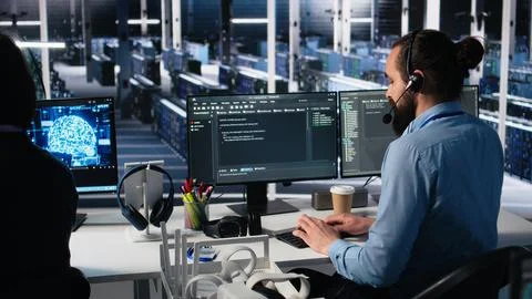 Data center admin using AI assistant to provide user technical support Foto stock