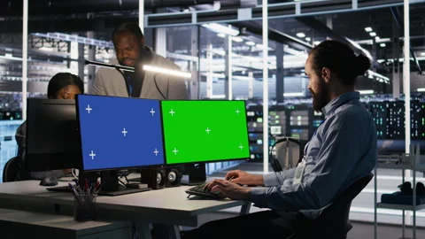 Data center admin using isolated screen mockup PC Stock Footage 309373630