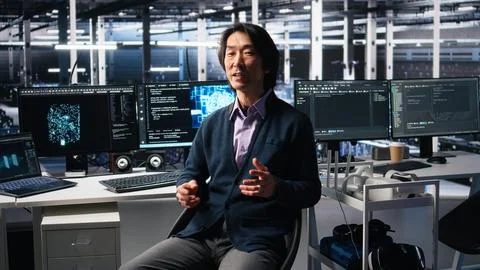 Data center admin waving hand, filming presentation tour, showcasing AI Foto stock