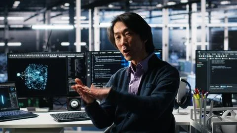 Data center admin waving hand, filming presentation tour, showcasing AI Foto stock