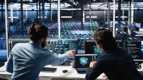 Data center admins doing brainstorming, working on neural network software Foto stock
