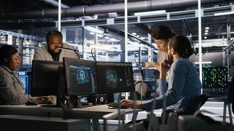 Data center admins working together, collaborating on AI software development Stock Photos