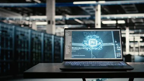 Data center AI LLM assistant on laptop supervising wireframe mesh rigs Stock Photos