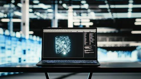Data center AI LLM assistant on laptop supervising wireframe mesh rigs Stock Photos
