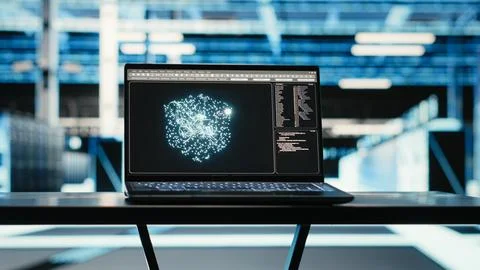 Data center AI technology on laptop oversees blue wireframe mesh equipment rigs Foto stock