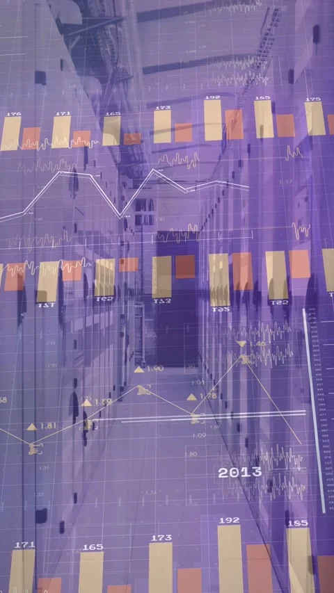 Data center aisle and racks receiving numeric overlay, creating layered Stock Footage 333005954