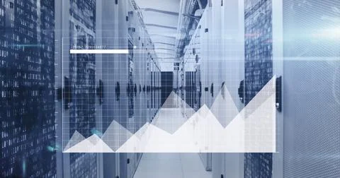Data center aisle between server cabinets showing graph overlay with rising data Stock Photos