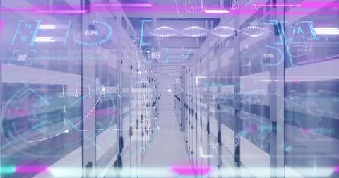 Data center aisle displaying floating holographic pie chart in secure corridor, Stock Photos