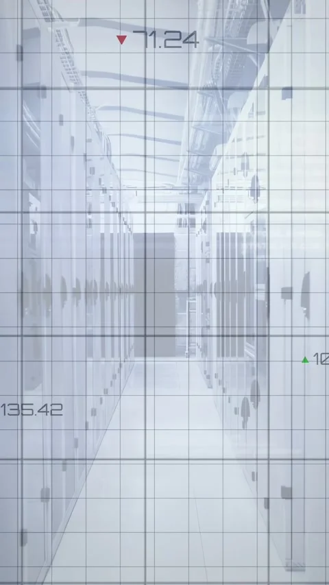 Data center aisle framing vanishing point, live metrics updating grid, readouts, Stock Footage 332985028
