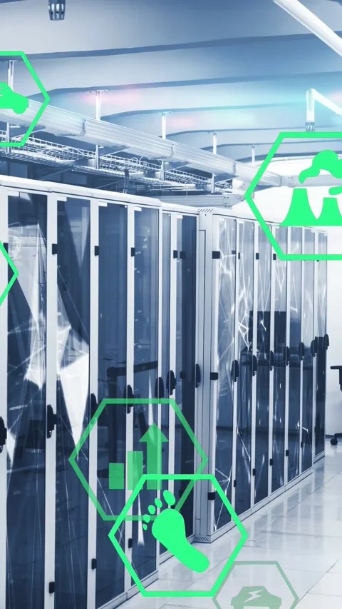 Data center aisle panning along server racks, showing green icons, wheeled chair Stock Footage 332985055