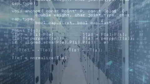 Data center aisle projecting scrolling code after system event, particles Stock Footage 331789784