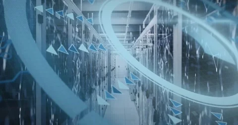 Data center aisle receiving blue overlay after scan, rings and triangles moving Stock Footage 331872230