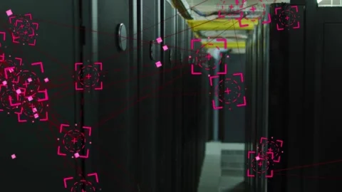Data center aisle receiving scan, magenta markers spreading and highlighting Vidéo 333078090