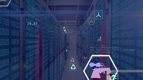 Data center aisle receiving telemetry feed, spawning hex icons drifting with Stock Footage 332566509